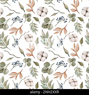 Motif aquarelle sans couture avec éléments naturels et feuilles. Coton, feuilles d'eucalyptus, brindilles, baies d'aquarelle sur fond blanc Banque D'Images