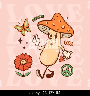 Jeu de personnages de dessin animé rétro trippy. Bonne mouche agarique champignons, fleur et papillon amis marchant ensemble. Illustration de la mascotte vectorielle tendance Illustration de Vecteur