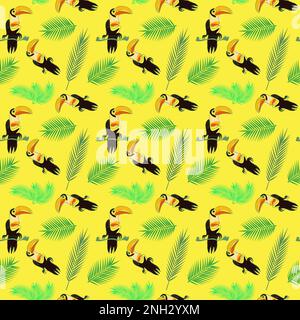 Motif sans couture avec toucan d'oiseau tropical et branches de palmier sur fond jaune Illustration de Vecteur