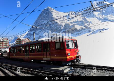 Trains Jungfraubahn à la gare de la station de ski de Kleine Scheidegg , Alpes suisses, Jungfrau - Aletsch; Oberland bernois; Suisse; Europe Banque D'Images