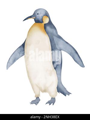 Pingouins d'empereur aquarelle. Illustration dessinée à la main isolée sur fond blanc. Dessin d'un animal antarctique dans des couleurs pastel. Esquisse de l'oiseau polaire. Esquisse pour logo ou icône. Caractère Nord Banque D'Images