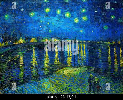 Nuit étoilée de Vincent van Gogh au-dessus du Rhône (1888) célèbre peinture de paysage. Banque D'Images