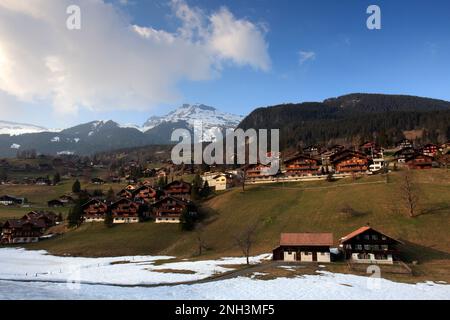 Swiss Chalets dans la station de ski de Grindelwald, Alpes Suisses, Jungfrau - Aletsch, Valais, Suisse, Europe Banque D'Images