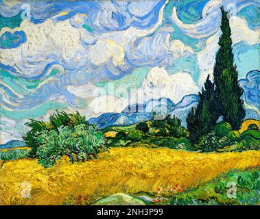 Champ de blé de Vincent Van Gogh avec cyprès (1889). Célèbre peinture, originale du MUSÉE MET, Banque D'Images