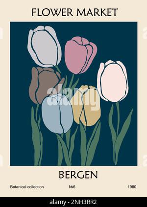 Affiche abstraite marché aux fleurs vecteur d'impression de Bergen. Illustration de Vecteur