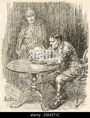 Le Crystal Gazer. 1939 WW2 caricature de Bernard Partridge montrant Adolf Hitler dans une boule de cristal, alors que le fantôme de l'ancien empereur allemand Wilhelm II le regarde. La balle révèle un crâne et l'année 1914 faisant référence aux horreurs de la première guerre mondiale. Hitler était connu pour croire en la prévision paranormique, et il peut aussi être une référence oblique à Kristallnacht les pogroms de nuit de cristal de l'année précédente. Banque D'Images