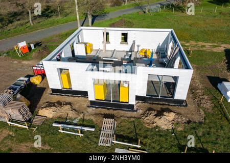 Vue aérienne du premier étage d'une seule maison familiale en construction Banque D'Images