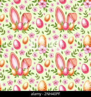 Motif aquarelle avec œufs de Pâques, oreilles de lapin, fleurs pour l'emballage, vêtements pour enfants, cadeaux de vacances, tissu imprimé, invitations, scra numérique Banque D'Images