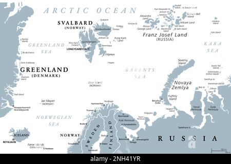 Région de l'océan Arctique, nord de l'Europe continentale, carte politique grise. De l'est du Groenland à Svalbard, en passant par Franz Josef Land. Banque D'Images