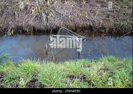 Un chariot de magasinage de supermaket déversé dans un fossé plein d'eau causant des détritus et des dommages à l'environnement. Banque D'Images