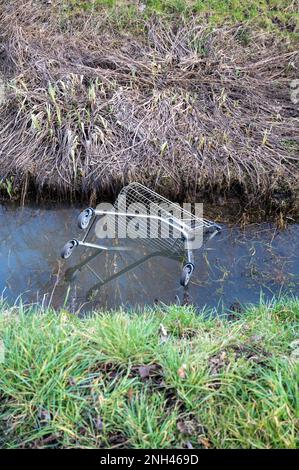 Un chariot de magasinage de supermaket déversé dans un fossé plein d'eau causant des détritus et des dommages à l'environnement. Banque D'Images