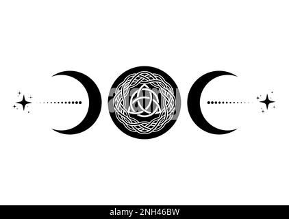 Triple Lune religieuse wiccan signe. Wicca triquetra logo symbole néopaganisme, noeud celtique Triple Déesse icône tatouage, Déesse de la Lune, Crescent, Illustration de Vecteur