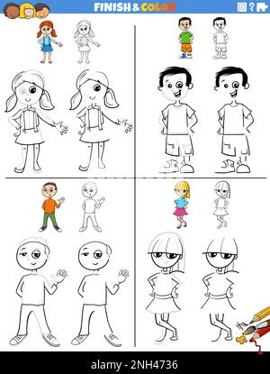 Illustration de dessin et de coloriage des feuilles de travail éducatives avec des personnages enfants Illustration de Vecteur