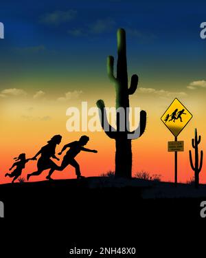 Une mère, un père et une fille courent dans le désert la nuit. Il s'agit de la même famille qui apparaît sur les panneaux de passage des étrangers près de la frontière entre les États-Unis et le Mexique. THI Banque D'Images
