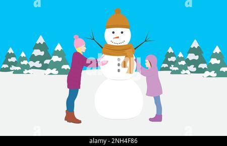 Bonhomme de neige de la mère et de la fille Illustration de Vecteur