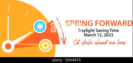 Printemps avant 2023. L'heure d'été commence. Passez de l'hiver à l'été le dimanche 13 mars 2023. Bannière Web vectorielle graphique sched Illustration de Vecteur