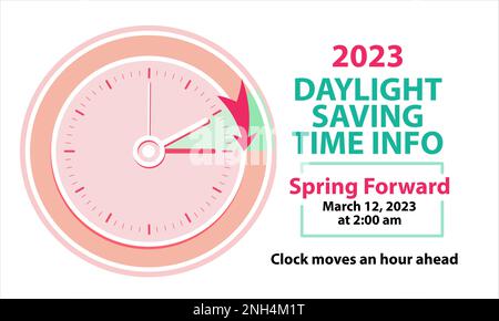 Bannière d'informations sur l'heure d'été. Spring Forward concept avec horloge et déplace la flèche une heure d'avance avec date 12 mars, 2023. L'illustration vectorielle se conflue Illustration de Vecteur