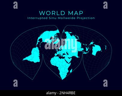 Carte du monde. Projection interrompue de sinu-Mollweide par Alan K. Philbrick. Illustration futuriste du monde de l'infographie. Couleurs cyan vives sur bac foncé Illustration de Vecteur