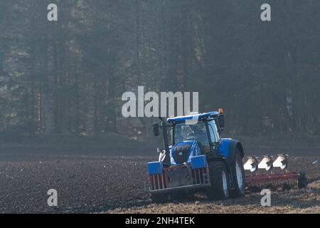 Un tracteur New Holland bleu avec une charrue réversible en hiver, dans un champ ensoleillé, avec une forêt ombragée en arrière-plan Banque D'Images