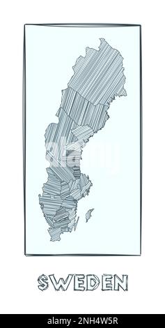 Croquis carte de la Suède. Carte dessinée à la main en niveaux de gris du pays. Zones remplies de rayures hachurées. Illustration vectorielle. Illustration de Vecteur