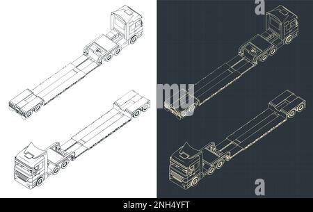 Illustration vectorielle stylisée de plans isométriques d'un grand camion avec remorque à plateau bas Illustration de Vecteur