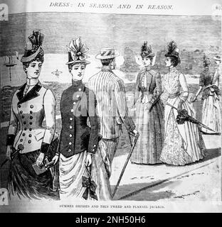 Un croquis de 19th siècle de jeunes gens habillés de façon tendance dehors se promener intitulé robes d'été et mince tweed et vestes de flanelle de la Girls Own Weekly de 1888. Banque D'Images