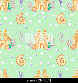 Motif aquarelle marine avec coquillages et châteaux de sable, bulles et algues sur un fond vert clair pour le design Banque D'Images