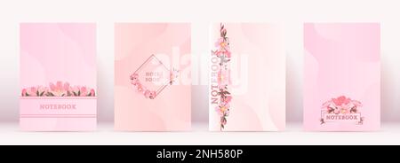 Ensemble de cahiers à motif floral rose cerisier. Vintage carte design papier journal carnet carnet copybook mignon enveloppe florale bouquet effet soie papier beauté flyer cadeau Valentin femmes jour isolé Illustration de Vecteur