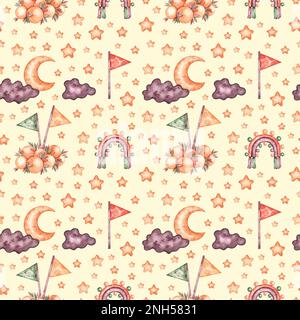 Motif aquarelle avec ballons, lune, étoiles, arc-en-ciel, nuages, drapeaux de style boho pour la conception de produits de vacances pour enfants Banque D'Images