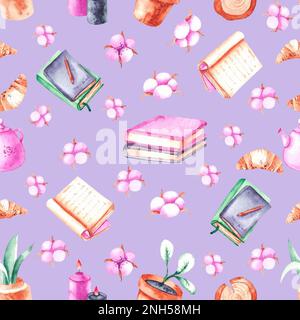 Motif violet aquarelle avec des livres, des croissants, du coton, des plantes maison, des bougies pour la conception de produits Banque D'Images