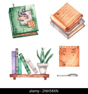 Aquarelle avec des livres d'objets de bureau à la maison, une étagère avec des livres et une plante, un stylo sur un fond blanc Banque D'Images