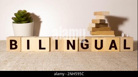 Bilingue. Manuels scolaires, papeterie et timbre en bois sur la table Banque D'Images