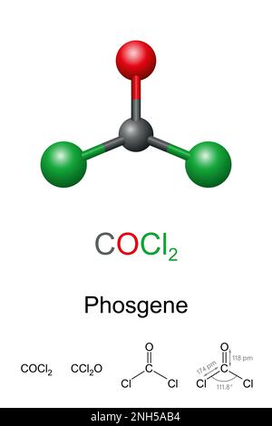 Phosgène, dichlorure de carbonyle, modèle bille-bâton, formule moléculaire et chimique. Gaz toxique et incolore, utilisé dans la production de plastiques. Banque D'Images
