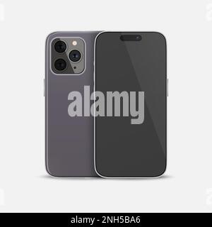 Étui pour smartphone Vector 3D Realistic Purple. Modèle de conception de téléphone pour maquette. Téléphone, face avant et face arrière, vue avant Illustration de Vecteur