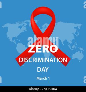 Conception Zero discrimination Day avec un ruban rouge symbolique sur un fond bleu de la carte du monde et du texte. Ruban de sensibilisation au SIDA sur le monde. Conc. De sensibilisation au sida Illustration de Vecteur
