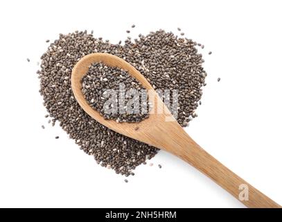 Coeur fait de graines de chia et cuillère en bois sur fond blanc, vue de dessus Banque D'Images