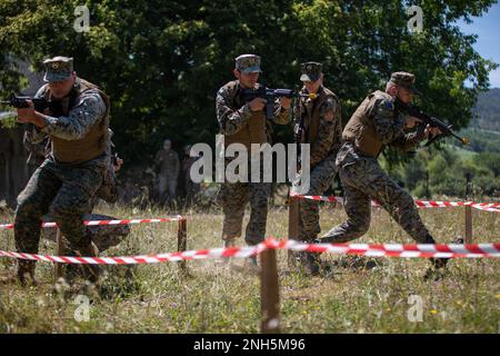 Des soldats des forces armées de Bosnie-Herzégovine s'entraînent dans des tactiques de combat à Kasarna Manjaca, Dobrnja, Bosnie-Herzégovine sur 18 juillet 2022. Des membres de garde affectés au détachement médical d'État et au 1-169th Aviation Regiment, Garde nationale de l'armée du Maryland, formés aux côtés de soldats actifs du 1st Escadron, du 91st Cavalry Regiment, de la 173rd Brigade aéroportée, et des soldats des Forces armées de Bosnie-Herzégovine dans les tactiques, l'aviation, le médical et le développement d'officiers non commissionnés. La Garde nationale du Maryland célébrera 20 ans de partenariat entre l'État et les Forces armées Banque D'Images