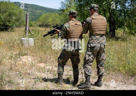 Des soldats des forces armées de Bosnie-Herzégovine s'entraînent dans des tactiques de combat à Kasarna Manjaca, Dobrnja, Bosnie-Herzégovine sur 18 juillet 2022. Des membres de garde affectés au détachement médical d'État et au 1-169th Aviation Regiment, Garde nationale de l'armée du Maryland, formés aux côtés de soldats actifs du 1st Escadron, du 91st Cavalry Regiment, de la 173rd Brigade aéroportée, et des soldats des Forces armées de Bosnie-Herzégovine dans les tactiques, l'aviation, le médical et le développement d'officiers non commissionnés. La Garde nationale du Maryland célébrera 20 ans de partenariat entre l'État et les Forces armées Banque D'Images