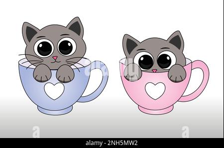 Chat mignon en cup.cat vecteur icône chaton café tasse calico logo poisson symbole dessin animé personnage illustration Doodle design Illustration de Vecteur