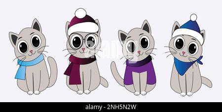 ensemble de chat mignon dans un style différent. Dessiner une bannière vectorielle mignon chat sur blanc pour, carte de vœux, poster, couverture, imprimer, bannière web. Style dessin animé Doodle. Illustration de Vecteur