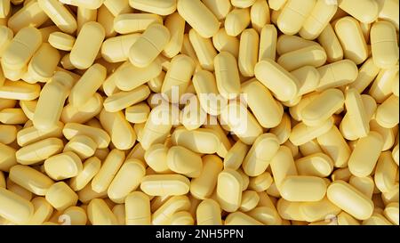 Pile de comprimés jaune clair ou de pilules de médicaments fond. médecine, pharmaceutique, pharmacie, suppléments. rendu 3d, illustration 3d Banque D'Images