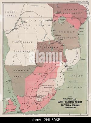 Afrique centrale carte datée de 1890 montrant les possessions européennes. Titre original: 'La carte graphique de l'Afrique du Sud-Centre: Le dégoût des possessions britannique et allemande.' Il s'agit d'une reproduction améliorée et restaurée d'une carte historique montrant la colonisation européenne en Afrique centrale du Sud à la fin du 19th siècle. Cette reproduction détaillée restaurée documente l'étendue du contrôle européen dans cette partie de l'Afrique. Les nations revendiquant un territoire comprennent les Britanniques, l'Allemagne, l'Italie, la France et le Portugal. Banque D'Images