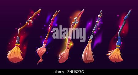 Ensemble de broches de sorcière isolées sur fond sombre. Illustration vectorielle du transport de vol magique avec manche en bois brillant avec des couleurs néon, des étincelles. Accessoire sorcellerie. Article d'Halloween Illustration de Vecteur