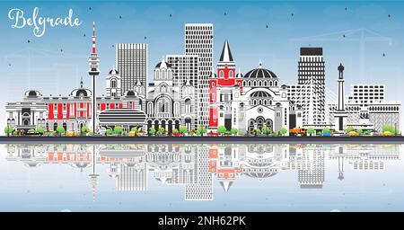 Belgrade Serbie Skyline de la ville avec des bâtiments de couleur, ciel bleu et réflexions. Illustration vectorielle. Paysage urbain de Belgrade avec monuments. Illustration de Vecteur