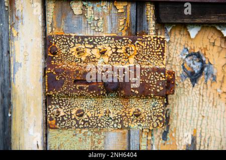 Gros plan sur l'ancienne porte en bois de merde en métal rouillé. Morceaux de peinture, peinture écaillée, corrosion du métal, métal rouillé. Pourriture et ruines. Banque D'Images