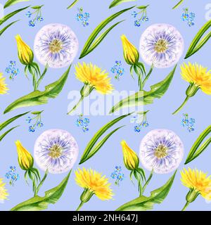 motif sans couture, dessin main fleurs aquarelle pissenlits, herbes, papillon, fond bleu, fleurs jaunes pour textil, carte, motif mariage Banque D'Images