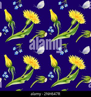 motif sans couture, dessin main fleurs aquarelle pissenlits, herbes, papillon, fond bleu, fleurs jaunes pour textil, carte, motif mariage Banque D'Images