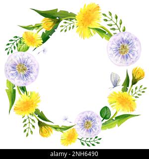 watercolor wreath of field flowers, wild dandelions, grass, leaf, summer flowers. Yellow, green flowers Banque D'Images