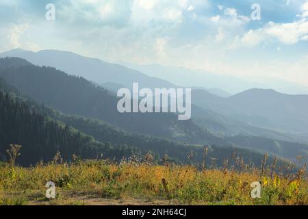 Une vue typique d'un randonneur dans les montagnes de l'Asie centrale. Le tourisme domestique au Kazakhstan Banque D'Images