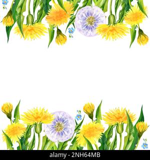 fleurs bordure, main dessiner aquarelle fleurs pissenlits, herbes, papillon, fond blanc, fleurs jaunes pour textil, carte, mariage design Banque D'Images